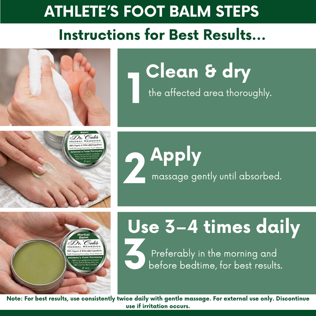 Instructional graphic for Dr. Cole's Organic Athlete’s Foot Treatment, outlining three steps: cleaning and drying the foot, applying the balm, and using it 3-4 times daily.