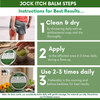 An infographic titled 'JOCK ITCH BALM STEPS' with three panels showing instructions for using Dr. Cole's Organic Jock Itch Ointment.