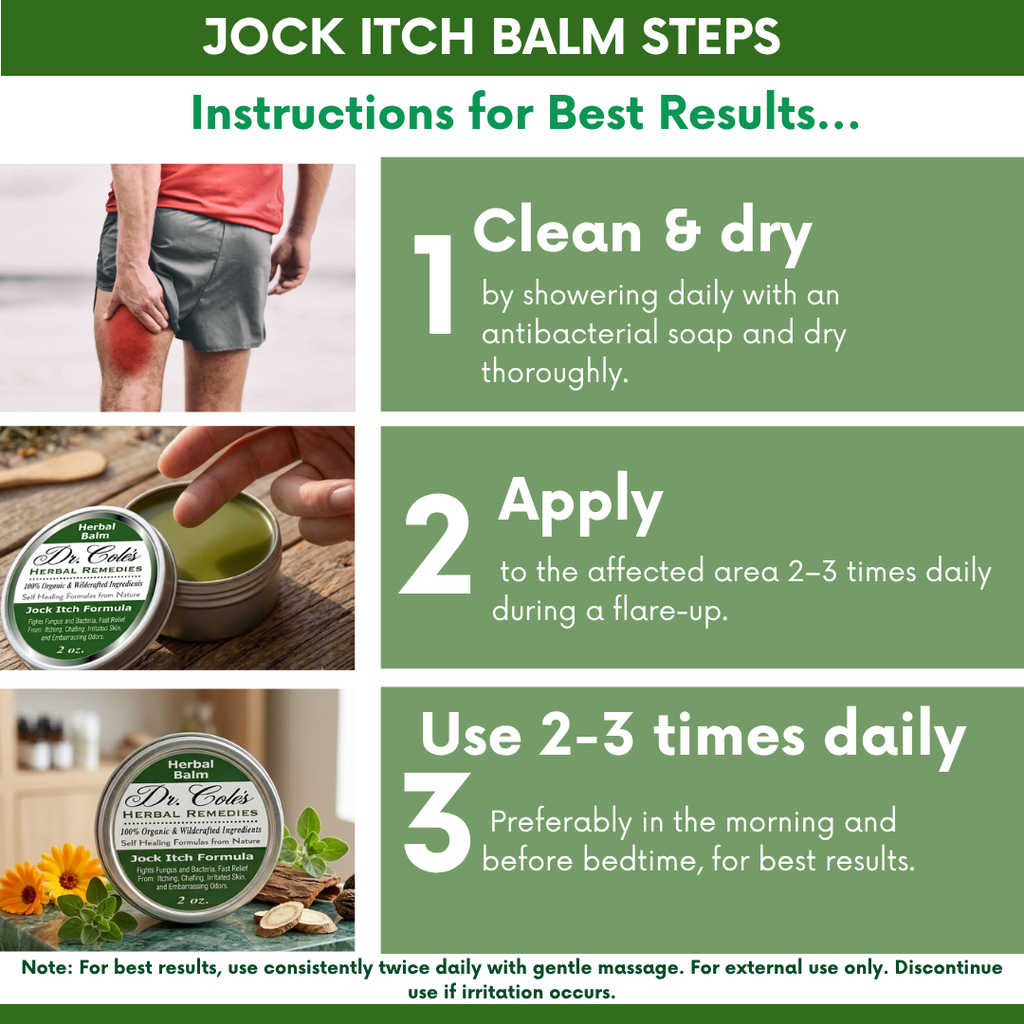 An infographic titled 'JOCK ITCH BALM STEPS' with three panels showing instructions for using Dr. Cole's Organic Jock Itch Ointment.