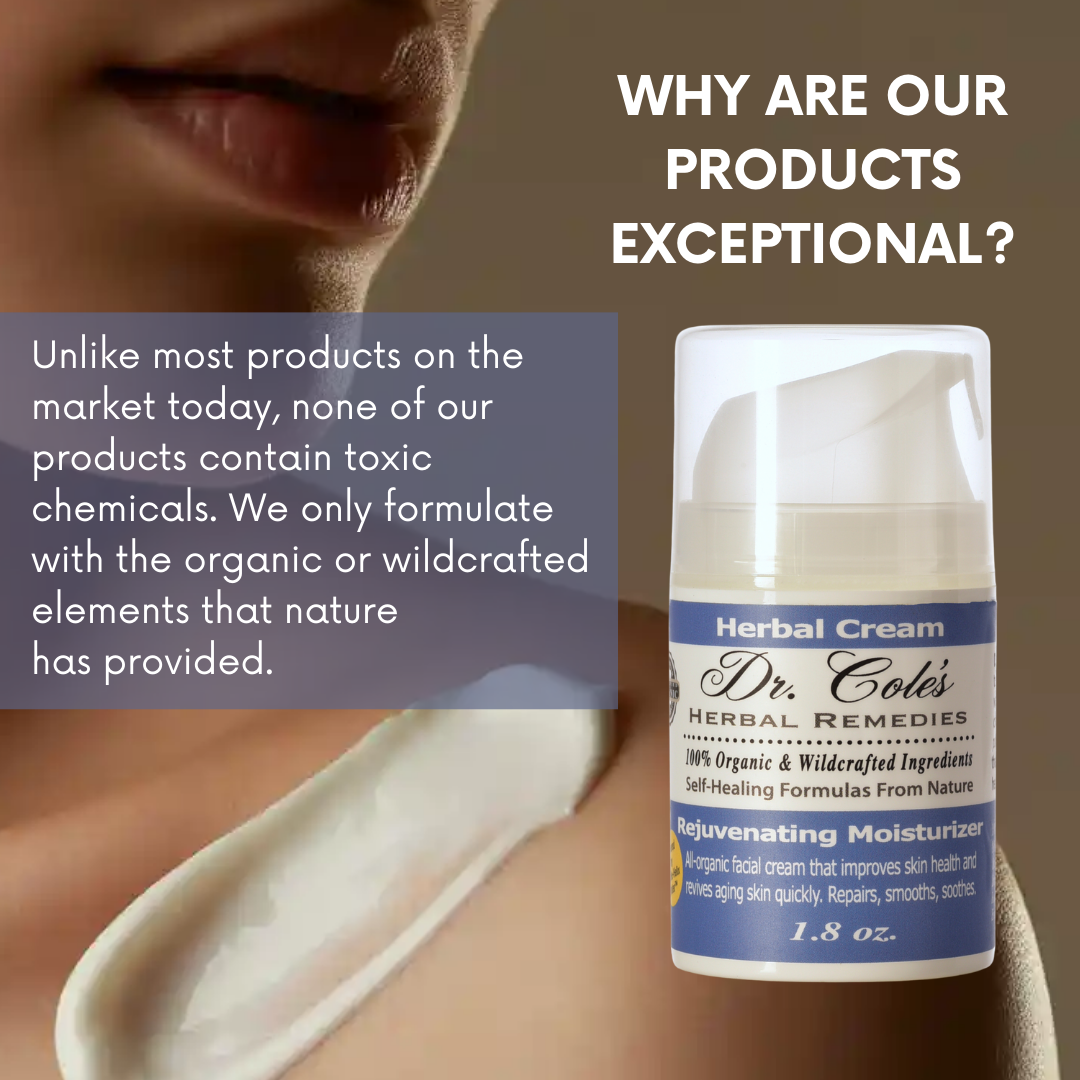 Dr. Cole's Herbal Remedies Rejuvenating Facial Moisturizer with text about product exceptionalities on a brown background