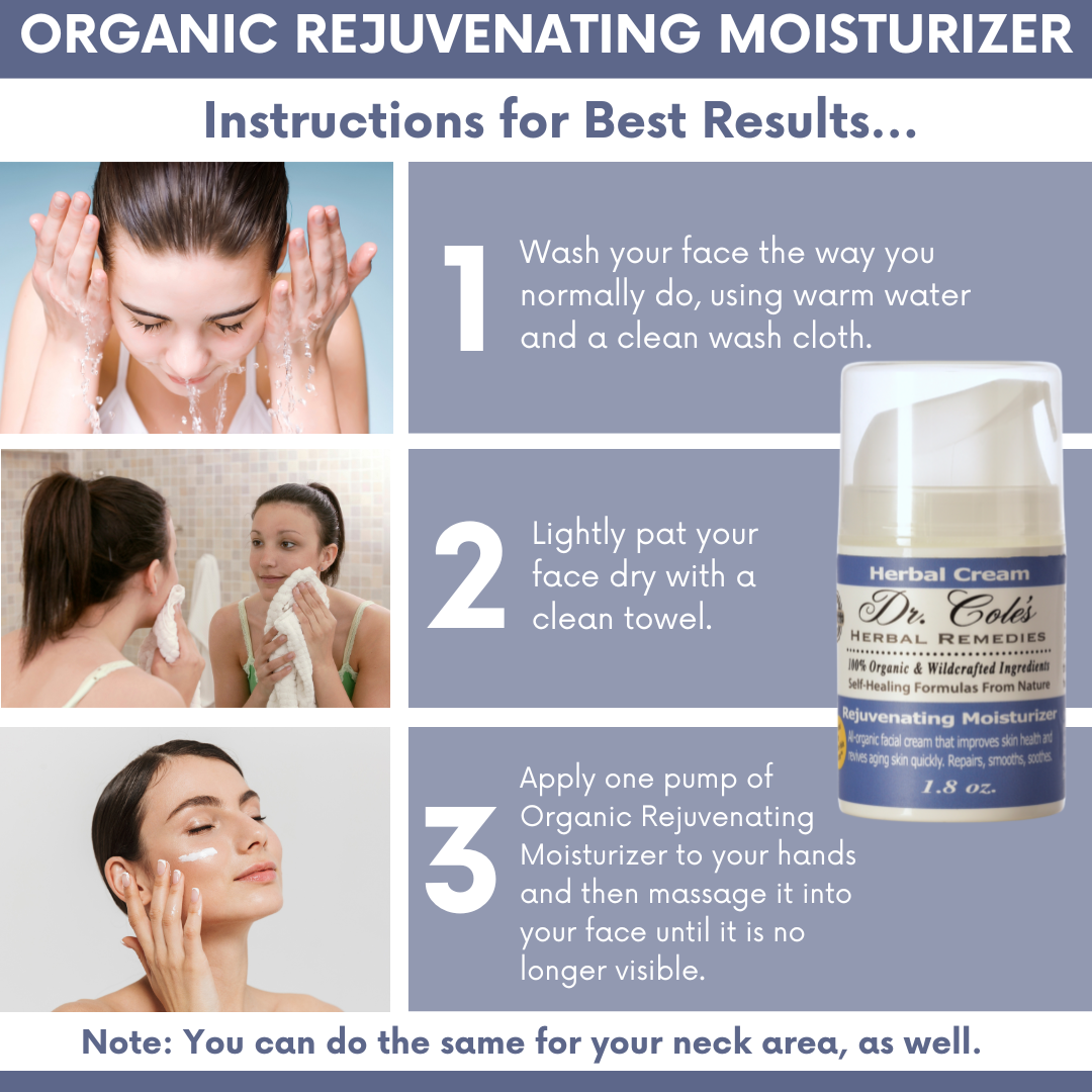 Instructions for using organic rejuvenating moisturizer with a product image on a blue background