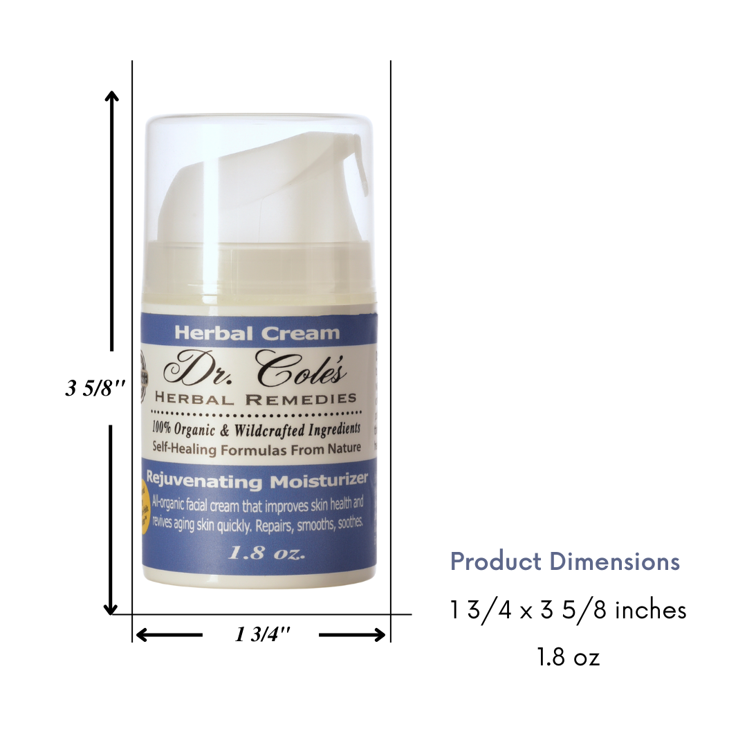 Dr. Cold's Rejuvenating Facial Moisturizer packaging with dimensions on a white background