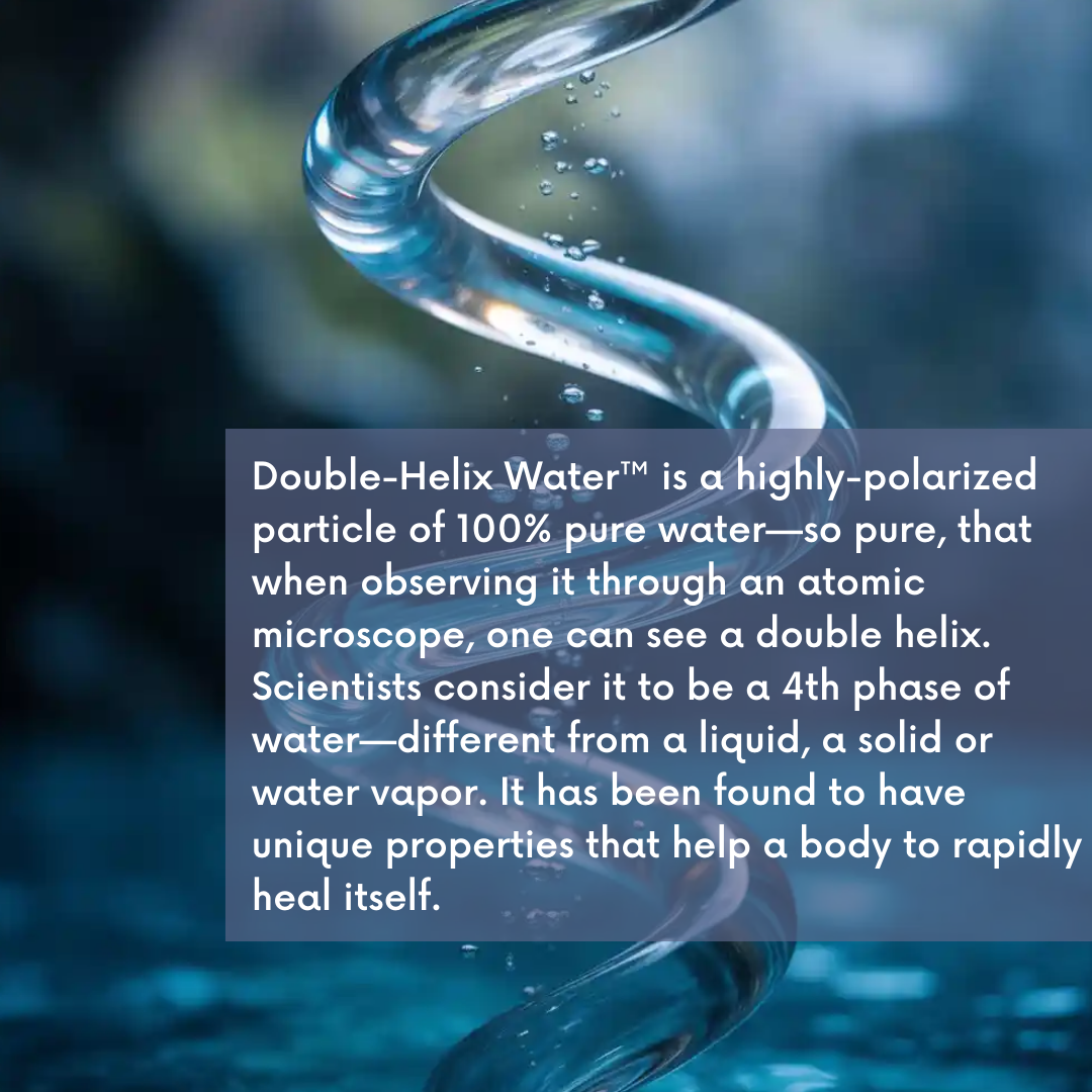 Double-Helix Water with descriptive text overlay on a blurred water droplet background