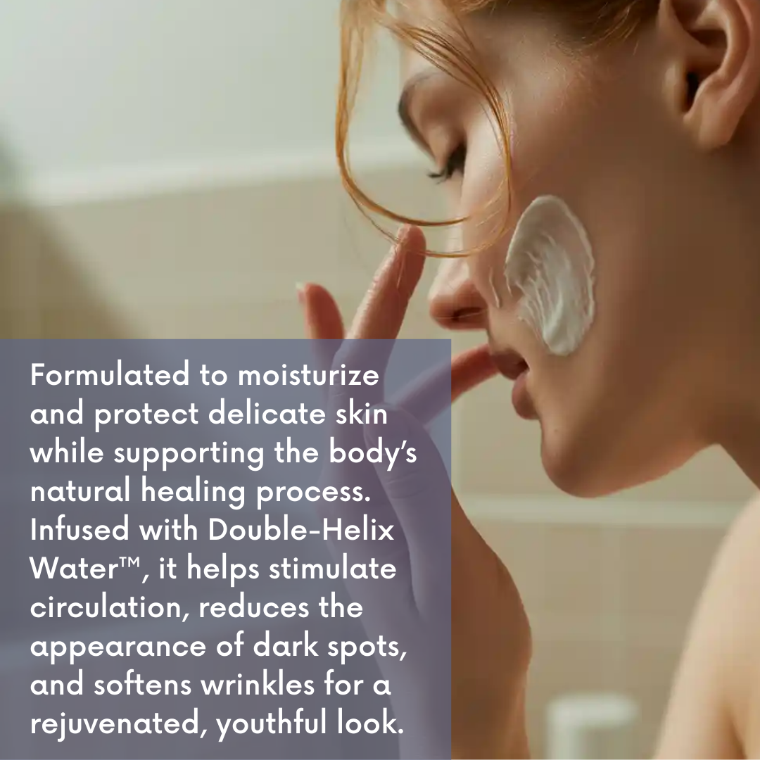 Woman applying Rejuvenating Facial Moisturizer  to her face with a blurred background