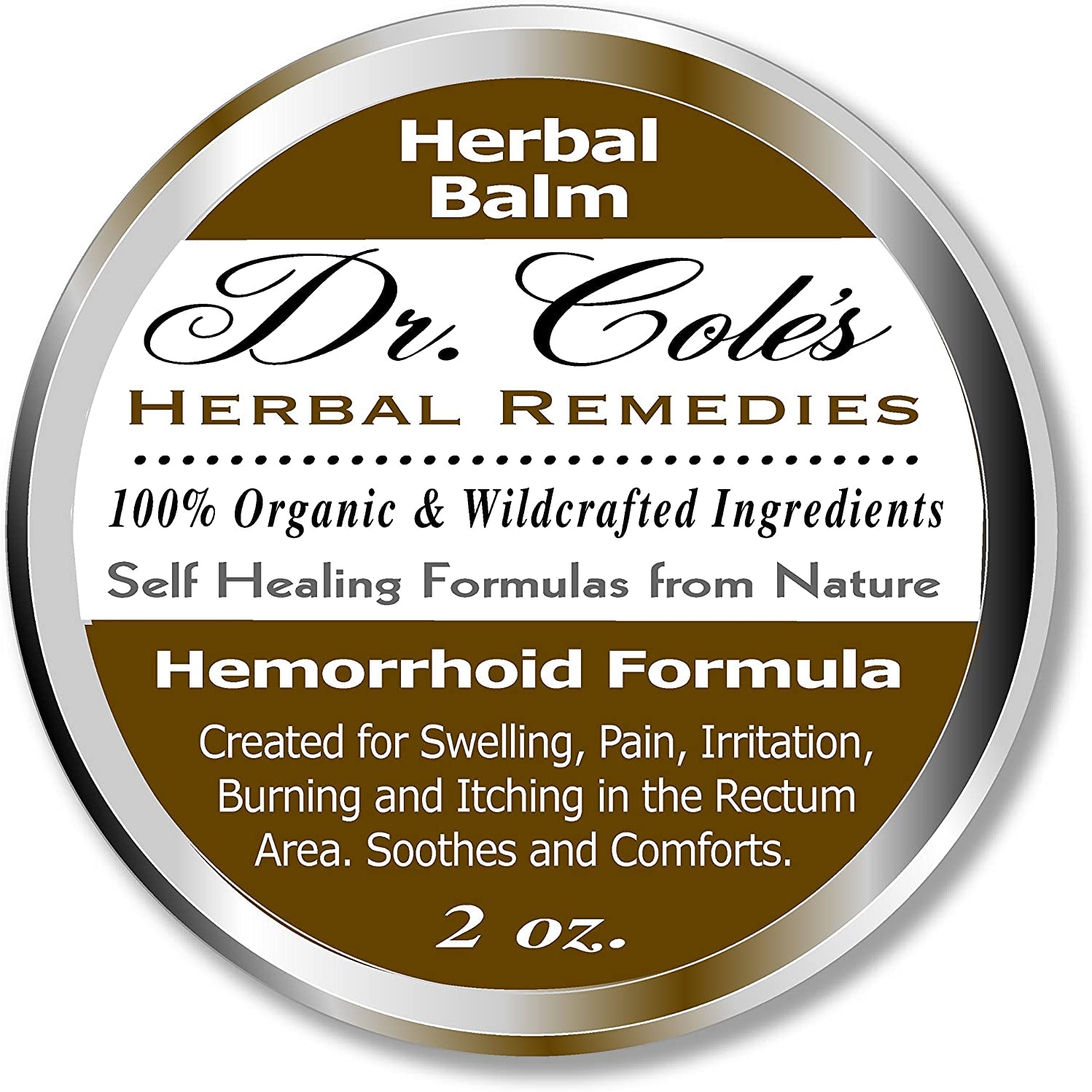Label of Dr. Cole's Organic Hemorrhoid Balm, detailing the product as an herbal balm for hemorrhoid relief with 100% organic and wildcrafted ingredients, and indicating the size of 2 oz.